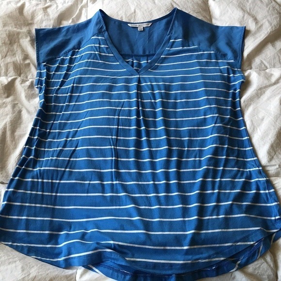 Adrienne Vittadini Blouse SzL Blue Stripe Contrast Yoke Cap Sleeves Pleat Back - Picture 2 of 8